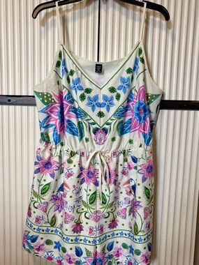 SHEIN Cream Floral Drawstring Romper with Pink & Blue Flowers